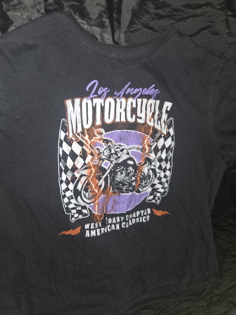 Simple Faded Black Graphic 'Motorcycle' Tee with Purple and Orange Accents